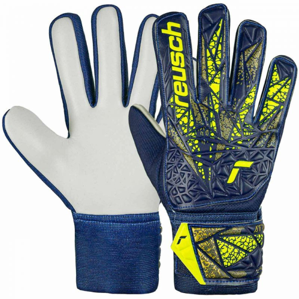"Reusch Attrakt Starter Solid Junior", tamsiai mėlynos ir geltonos spalvos, vartininko pirštinės "Reusch Attrakt Starter Solid Junior", tamsiai mėlynos ir geltonos spalvos, vartininko pirštinės