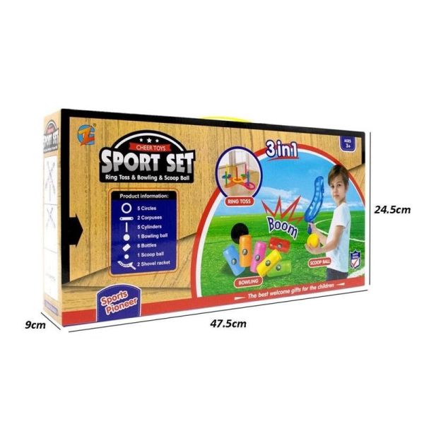 "3-in-1" sporto rinkinio žaidimai, ringstos, kamuolio gaudymas, boulingas "3-in-1" sporto rinkinio žaidimai, ringstos, kamuolio gaudymas, boulingas