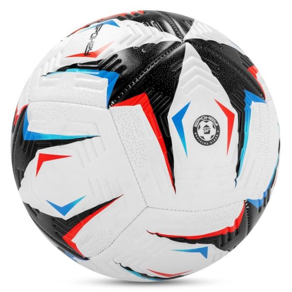 "Spokey Flick" futbolo kamuolys, 5 dydžio, baltos-juodos-mėlynos-raudonos spalvos