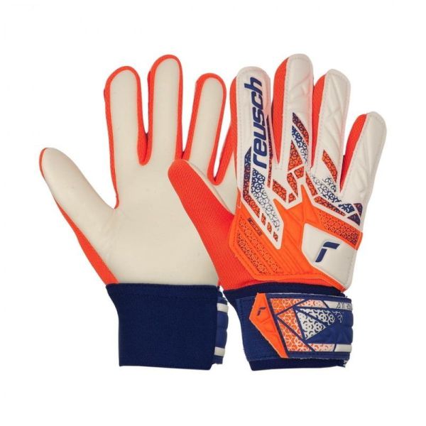 "Reusch Attrakt Starter Solid Junior" vartininko pirštinės, balta-oranžinė-mėlyna spalva "Reusch Attrakt Starter Solid Junior" vartininko pirštinės, balta-oranžinė-mėlyna spalva