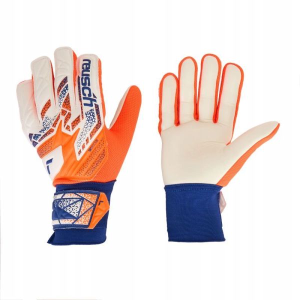 "Reusch Attrakt Starter Solid" vartininko pirštinės, balta-oranžinė-mėlyna spalva "Reusch Attrakt Starter Solid" vartininko pirštinės, balta-oranžinė-mėlyna spalva